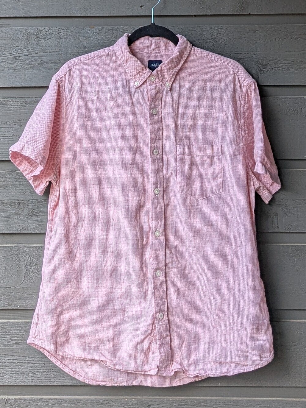 J. Crew Factory Short-Sleeve Linen-Blend Shirt Seasoned Red Houndstooth Large